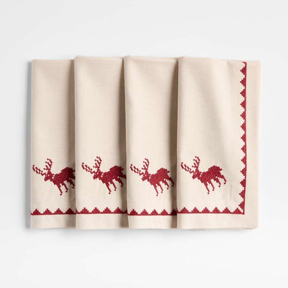 Crate & Barrel Red Cross Stitch Holiday Reindeer Dinner Napkins Set of 4